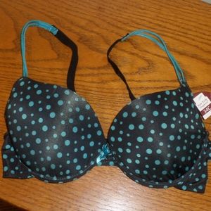 New York Elegance Black with Teal Polk a dots Push Up Bra 34C NWT